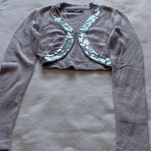 Gray long-sleeve wool-blend shrug with sequins trim